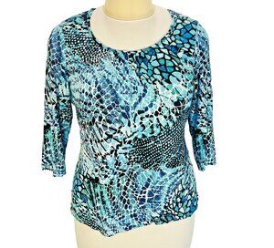 Chico's Blouse Womens XL (3) Blue Teal Abstract Animal Reptile 3/4 Sleeve